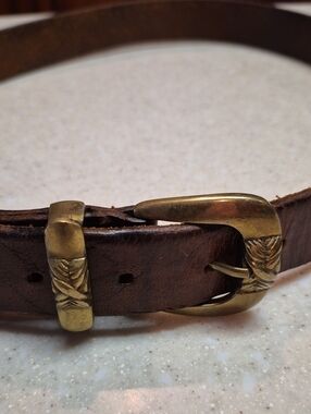 Brown Leather Belt with Brass Buckle 33 Inch Waist